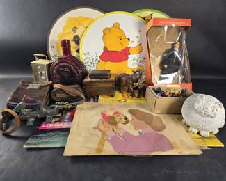 Lot 367 Box of misc. doll, animation cel, LP, desk clock,