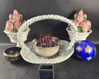 Lot 352 Signed ceramic basket, signed pott. bowl, brass