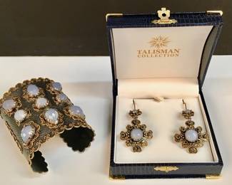 008 Lot 519 Contemporary oxidized sterling, 14k and 24k gold, moonstone and emerald cuff bracelet and earrings