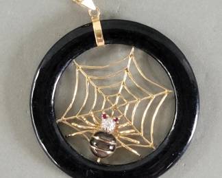 012 Lot 449 14k gold, jade, diamond and ruby spiderweb pendant