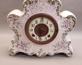 097 Lot 397 Antique Ansonia Dresden porcelain mantel clock