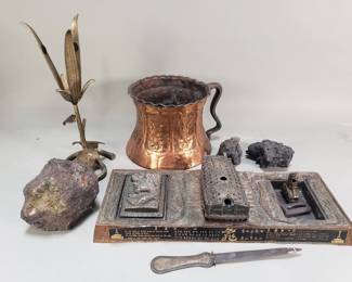 Lot 339 Vintage Asian spelter desk set, brass floral