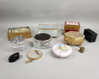 Lot 328 Group of glass, brass, wood, and porcelain