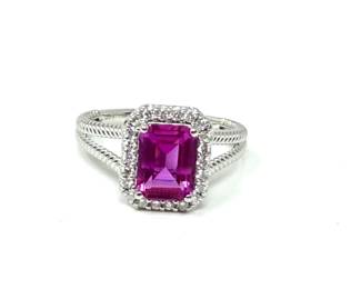 087 Lot 123n 2.00 CT emeraldcut pink sapphire and diamond halo sterling silver ring