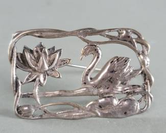 Lot 388 Sterling silver swan and lotus flower brooch