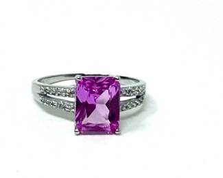 086 Lot 276 3.10 CT emeraldcut pink sapphire and natural diamond sterling silver ring