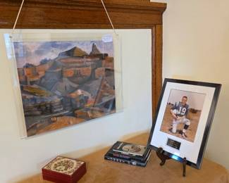 Original Pastel Desert Art by Christiane Smeets-Sand; Framed Johnny Unitas autographed photo & related books; George Jensen velvet box with silver medallion; Vintage Tapestry Rolex Box