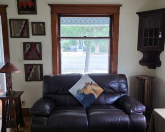 Excellent condition leather reclining sofa; Original horse portrait oil painting.
