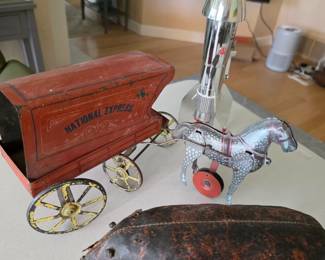 Folk Art sawdust filled Leather Pig; Antique Toy Horse drawn Cart; Vintage Rocket Bank