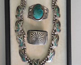 Fine Vintage Silver & Turquoise Squash Blossom Necklace; 'Man in the Maze' Sterling Cuff Bracelet; Very Nice Turquoise & Silver Cuff Bracelet