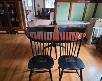 Oval inlaid table with leaf and two Windsor chairs