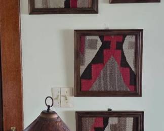 Antique Navajo rug samples; Mission style table lamp; Craftsman style stand.