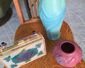Van Briggle 'Lorelei' Vase + smaller rose color Vase; Artist Designed Lucite Box Purse