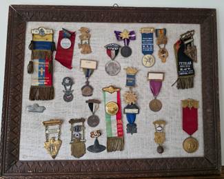 Framed collection of early 1900's & ribbons including Colorado Springs and Denver ones