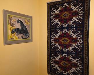 Vintage Turkish Rug; 1940's Silk Screen Jaguar Framed Art