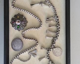 1900's Hand Painted Portrait Brooch with Stones; Hungarian Coin in Mounting; Old Sheep Fob; Antique Silver Box Link Silver Necklace with 1880 Rupee Coin