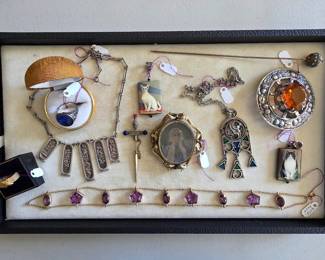 Edwardian 'Dog Collar' with amethyst stones; Large Caringorm  Kilt Brooch; 19th c swivel double-side photo locket; Two hand painted Cat Pendants; Silver Ingot Necklace; Blue Intaglio Hand Crafted Designer Ring; Antique Hat Pin;