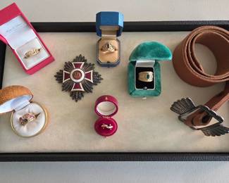 Fine Gold Rings; Sand Cast Silver Belt Buckle; Imperial Austrian 'Order of the Leopold' Breast Star.