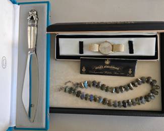 Boxed Georg Jensen Serving Knife; Necklace Strand of Labradorite Beads; Jules Jorgensen 18k Vintage Wrist Band Watch
