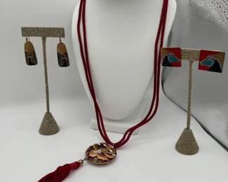 Vintage Eddie Bauer Earrings With Cloisonn Necklace