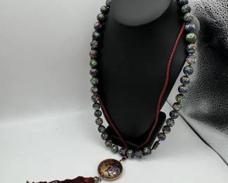 Beaded Necklace Cloisonn Pendant On Braided Necklace