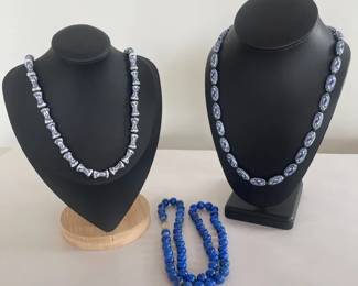 Beaded Necklaces w Asian Geometric Blue And White Beads and Round Blues Set
