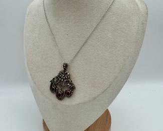 14K White Gold Link Chain With Round Lobster Clasp Champagne Diamond Ruby Pendant