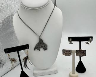 Vintage Barbara Lavalee Native American Cloisonn Earrings Pewter Necklace More
