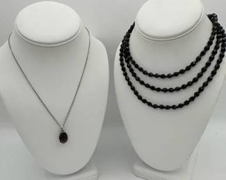 Black Beaded Necklace With Grey Costume Pendant Possible Smoky Topaz