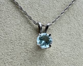 14K White Gold Stamped Necklace With Genuine Aqua Pendant