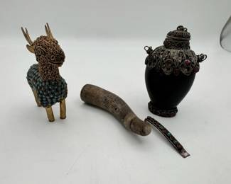 Antique Snuff Bottle With Sculpted Statue And Antler