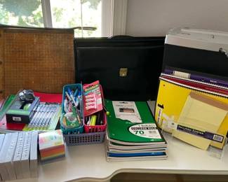 Office Supplies Including Notebooks Paper Shredder Data Stick Briefcase Vintage Paper Cutter