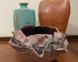 Burnish Brown Pottery Vase With Woven Top Signed Pottery Bowl Turquoise Textured Vase