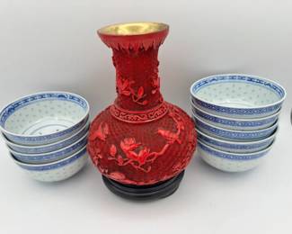 Large Cinnabar Vase With Chinese Porcelain Bowls
