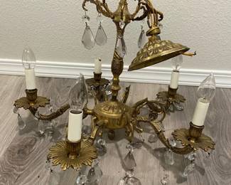 Vintage Brass Ceiling Chandelier With Clear Cut Crystal Prisms For Repair