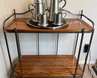 Pewter Coffee Serveware With Vintage Oak Bar Cart