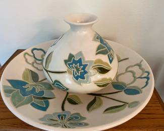Large Ceramic Shallow Bowl With Matching Vase In Floral Design
