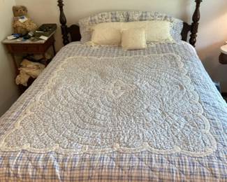 Full Size Blue And White Quilt With Lace Pillows