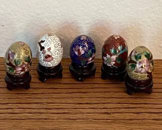 Miniature Cloisonn Eggs On Wooden Stands
