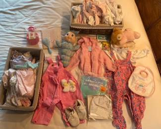 Vintage Baby Toys and Clothes including Overalls Socks Bibs and More