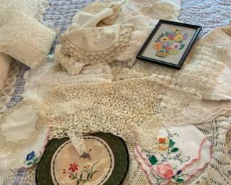 Vintage Lace Doilies Linens With Yarn Art