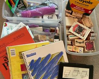 Crafting Lot Of Stamps Sketch Books Heat Tool Colored Pencils Crayons