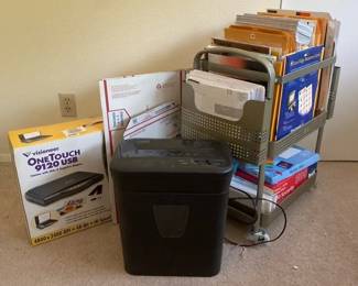 Staples Paper Shredder and Visioneer OneTouch Scanner with Metal Cart Full Of Shipping Supplies