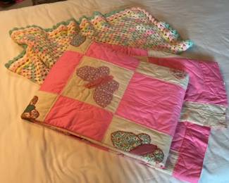 Handmade Pink Butterfly Full Size Quilt with Crocheted Blanket