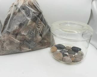 Glass Vase With Rocks Bag Of Feathers