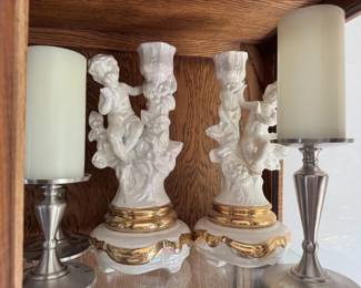 Eddie Bauer Home Pillars With LEF Candles Chronatized Porcelain Cherub Candle Statues