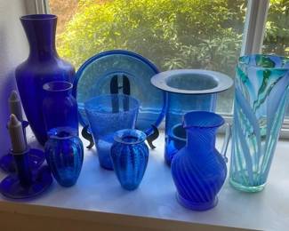 Blue Glass Vases Plate and Candle Holders