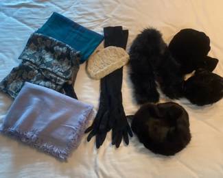 Vintage Fur and Feather Hats with Long Gloves Beaded Clutch and Scarves