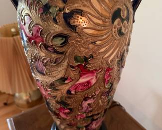 Stunning!! Cobalt Porcealin with Elaborate Gold Moriage Decoration Colorful florals, Ornate Handles 