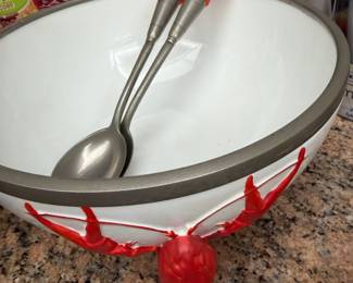 Vintage Crab Serving Bowl with Matching Utensils